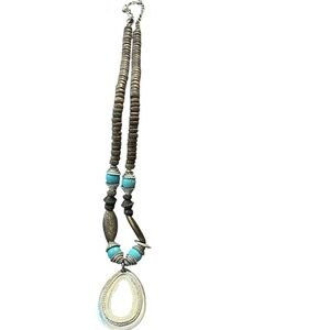 Boho Wood Bead‎ Silver Tone Pendant Turquoise Accent Necklace Jewelry